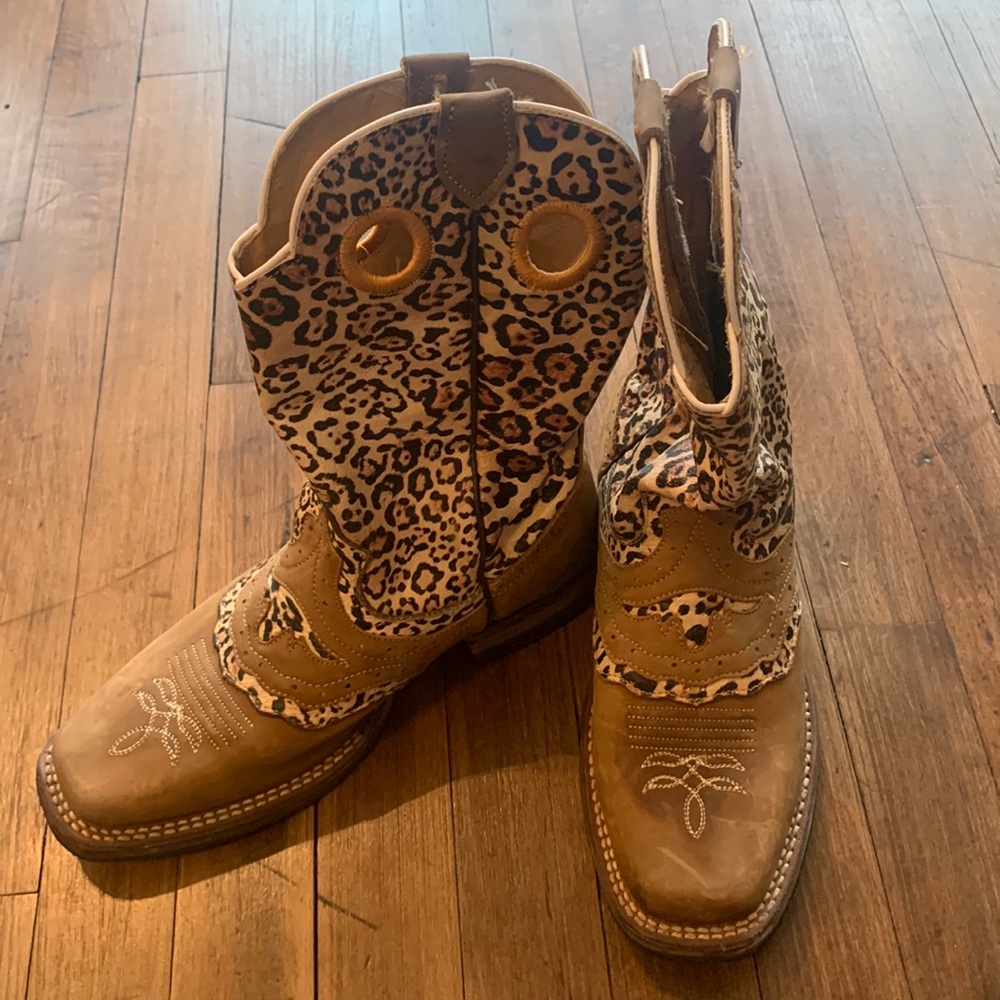 leopard print cowgirl BOOTS cowboy leather upper 7 1/2 women brown Mexico